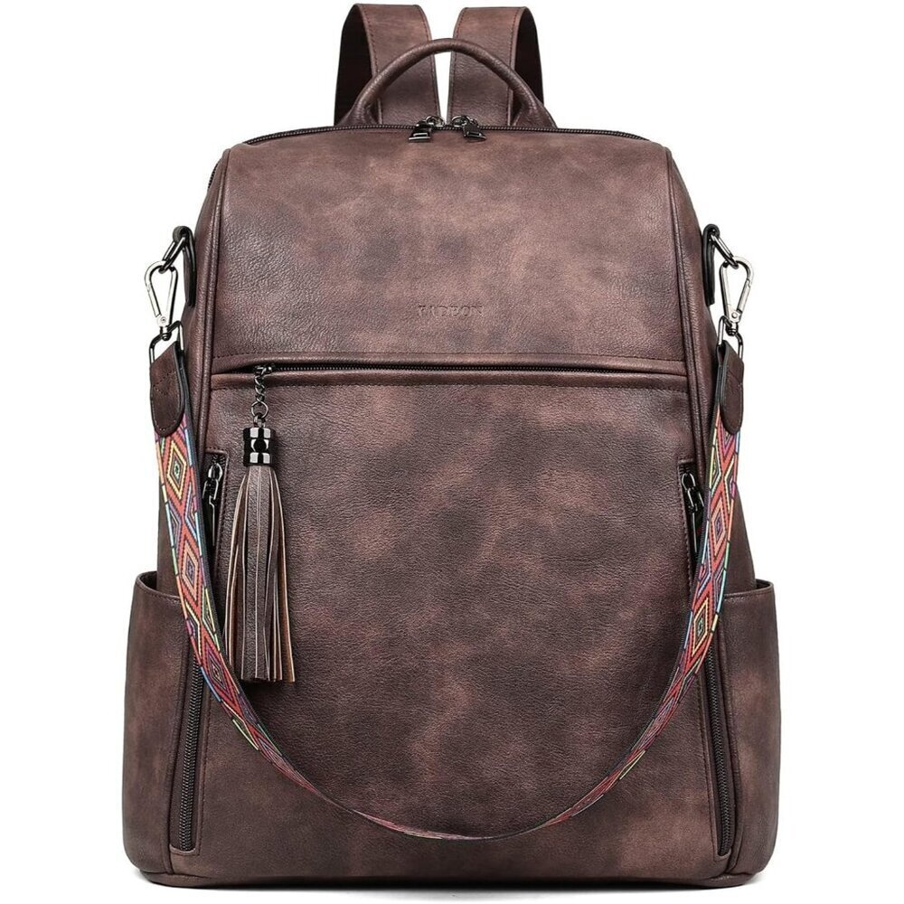 Women Coffee Brown Retro Style Backpack Designer 15.6 inch PU Leather Laptop Bag